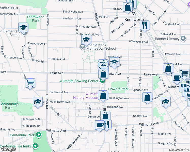 map of restaurants, bars, coffee shops, grocery stores, and more near 1925 Lake Avenue in Wilmette