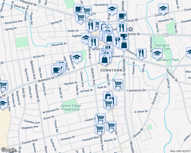 map of restaurants, bars, coffee shops, grocery stores, and more near 340 Warren Avenue in Brockton