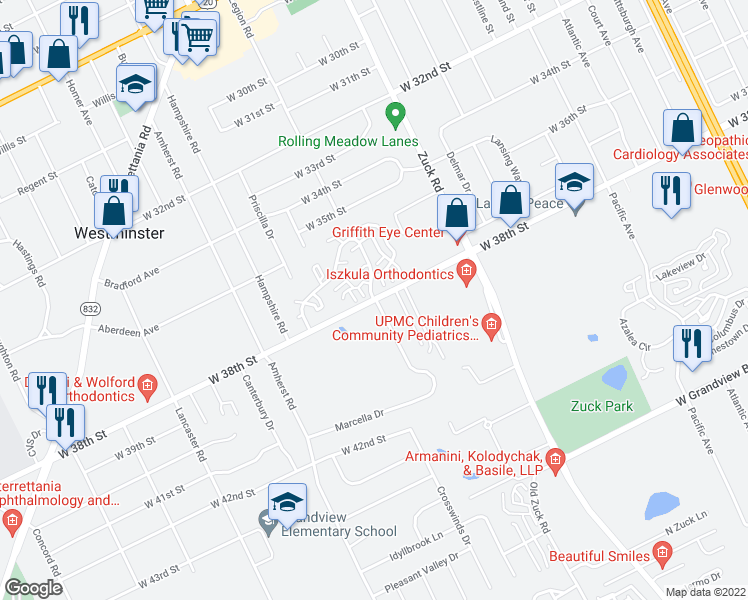 map of restaurants, bars, coffee shops, grocery stores, and more near 2771 West 38th Street in Erie