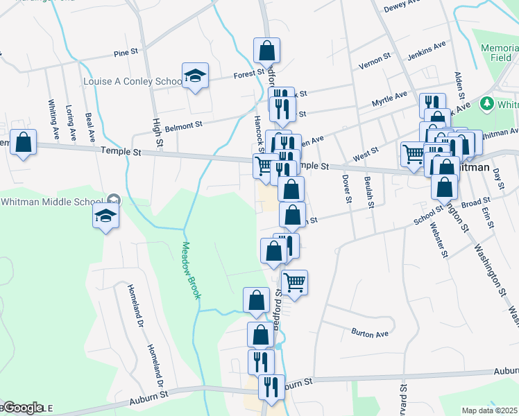 map of restaurants, bars, coffee shops, grocery stores, and more near 672 Bedford Street in Whitman