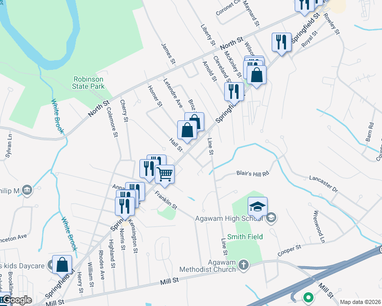 map of restaurants, bars, coffee shops, grocery stores, and more near 646 Springfield Street in Agawam