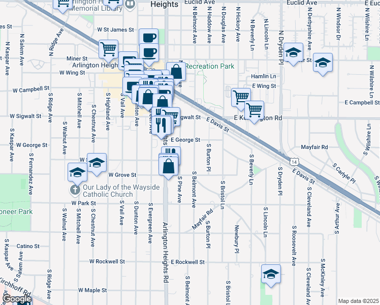 map of restaurants, bars, coffee shops, grocery stores, and more near 201 South Belmont Avenue in Arlington Heights