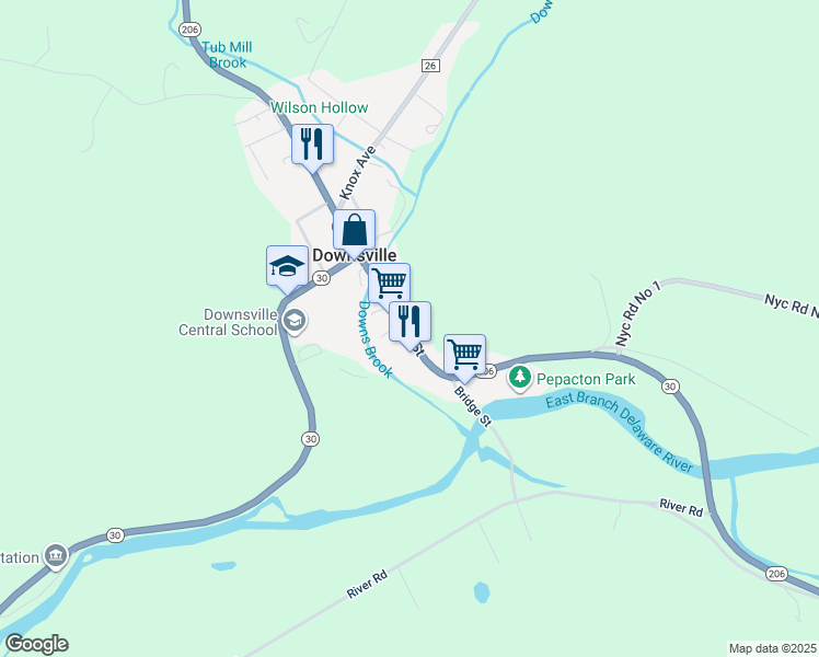 map of restaurants, bars, coffee shops, grocery stores, and more near Bridge Street in Delaware