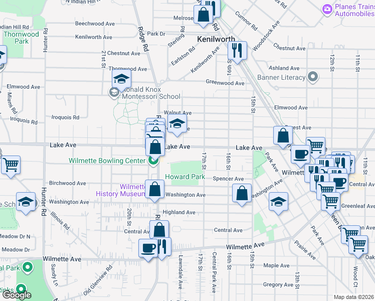 map of restaurants, bars, coffee shops, grocery stores, and more near 1729 Lake Avenue in Wilmette