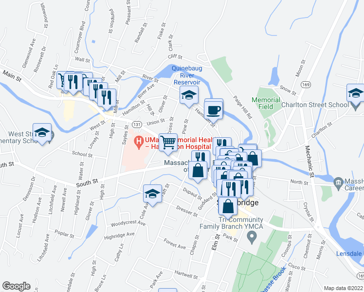 map of restaurants, bars, coffee shops, grocery stores, and more near 110 Pine Street in Southbridge