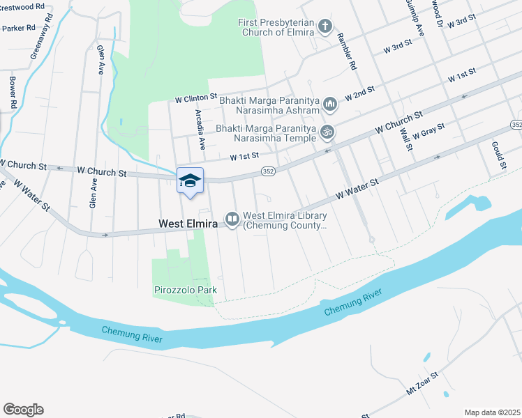 map of restaurants, bars, coffee shops, grocery stores, and more near 106 Lexington Avenue in Elmira