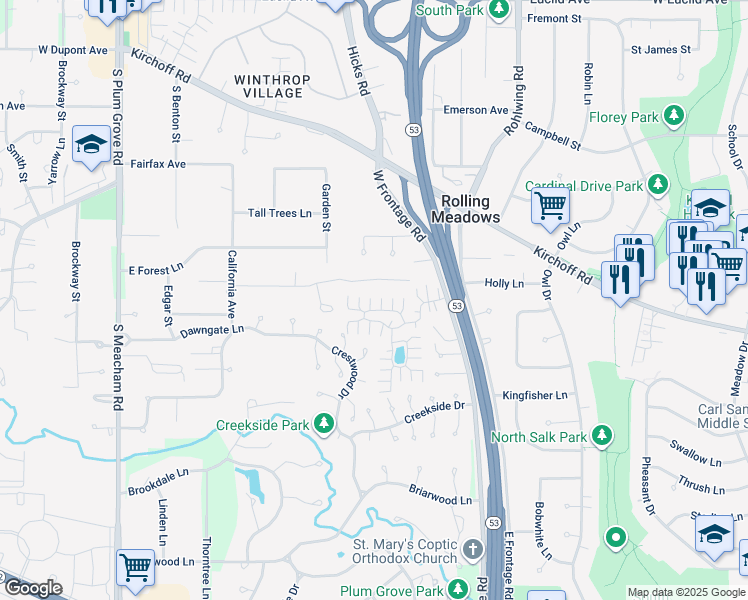 map of restaurants, bars, coffee shops, grocery stores, and more near 4216 East Oaksbury Lane in Rolling Meadows