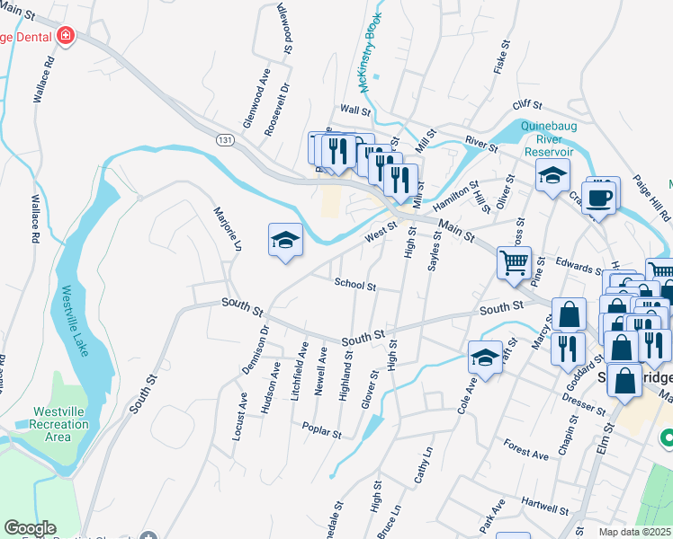 map of restaurants, bars, coffee shops, grocery stores, and more near 92 West Street in Southbridge