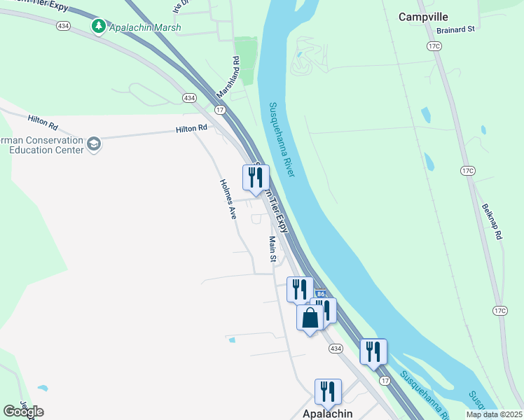 map of restaurants, bars, coffee shops, grocery stores, and more near Southern Tier Expressway in Apalachin