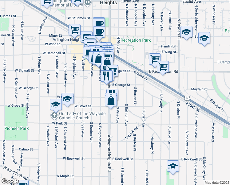 map of restaurants, bars, coffee shops, grocery stores, and more near 213 East George Street in Arlington Heights
