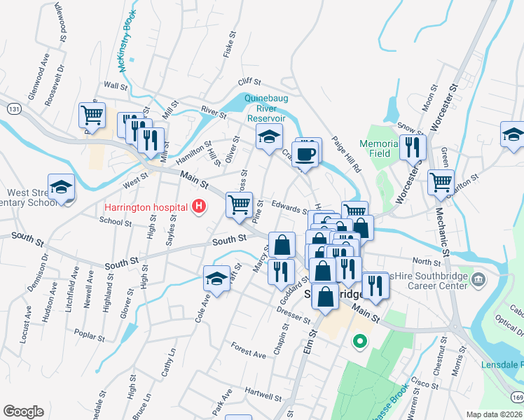 map of restaurants, bars, coffee shops, grocery stores, and more near 61 Pine Street in Southbridge