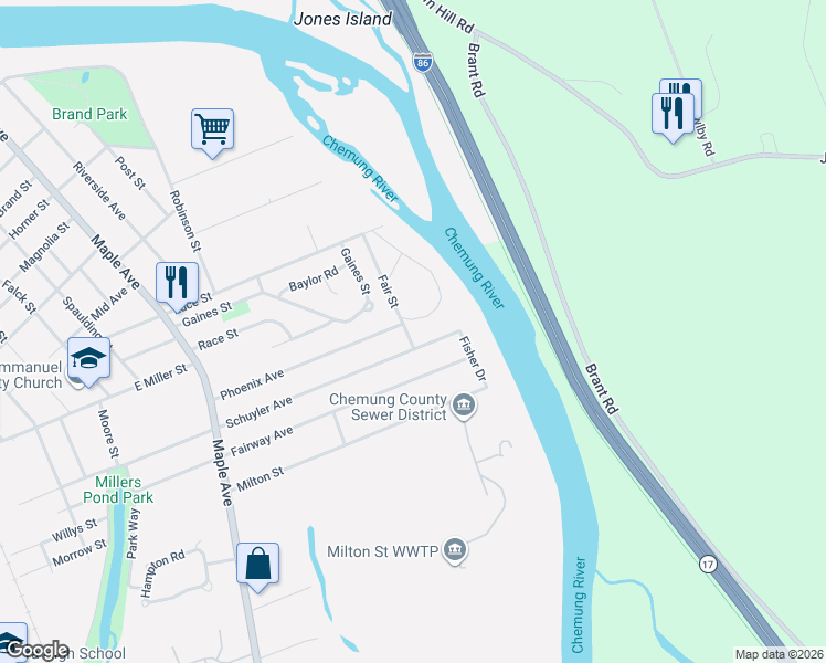map of restaurants, bars, coffee shops, grocery stores, and more near 550 Fair Street in Elmira