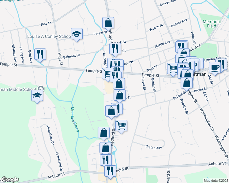 map of restaurants, bars, coffee shops, grocery stores, and more near 670 Bedford Street in Whitman