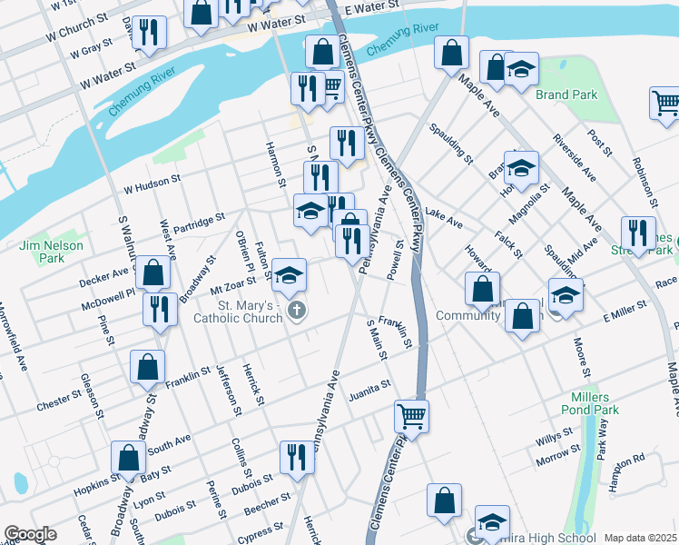 map of restaurants, bars, coffee shops, grocery stores, and more near 210-214 Mount Zoar Street in Elmira