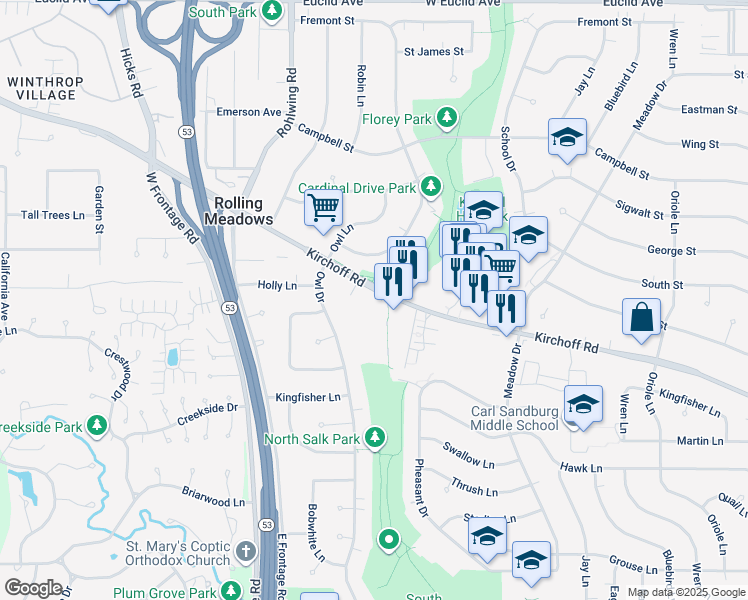 map of restaurants, bars, coffee shops, grocery stores, and more near 2914 Cardinal Drive in Rolling Meadows