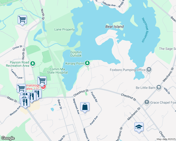 map of restaurants, bars, coffee shops, grocery stores, and more near 63 Neponset Heights Avenue in Foxborough