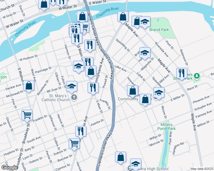 map of restaurants, bars, coffee shops, grocery stores, and more near 401 Powell Street in Elmira