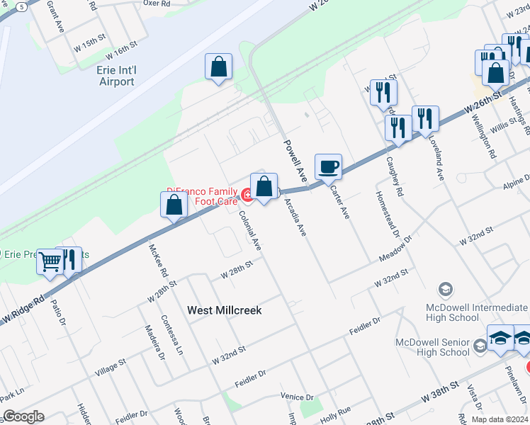map of restaurants, bars, coffee shops, grocery stores, and more near 3939 West Ridge Road in Erie