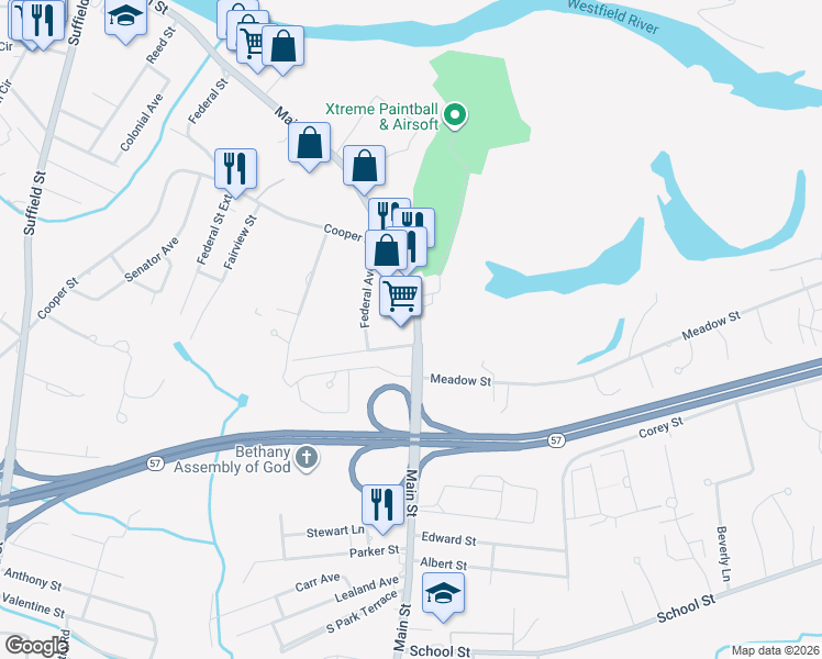 map of restaurants, bars, coffee shops, grocery stores, and more near 420 Main Street in Agawam