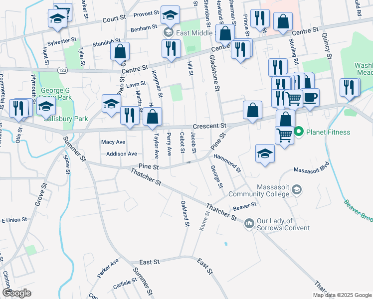 map of restaurants, bars, coffee shops, grocery stores, and more near 22 Cabot Street in Brockton