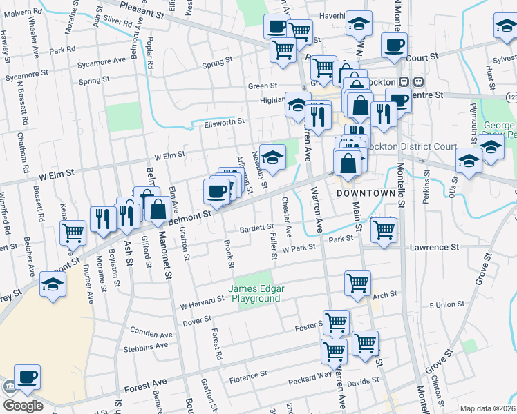 map of restaurants, bars, coffee shops, grocery stores, and more near 165 Belmont Street in Brockton
