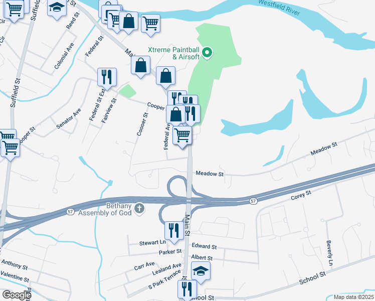 map of restaurants, bars, coffee shops, grocery stores, and more near 420 Main Street in Agawam