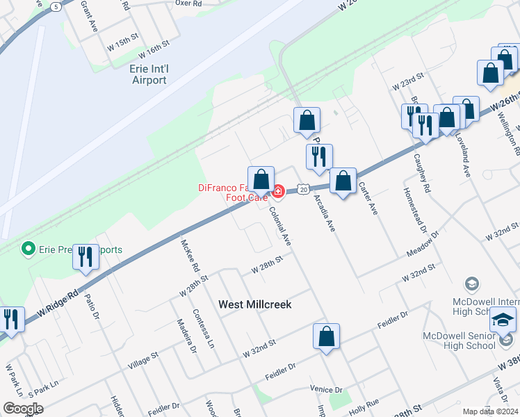 map of restaurants, bars, coffee shops, grocery stores, and more near 4006 West Ridge Road in Erie