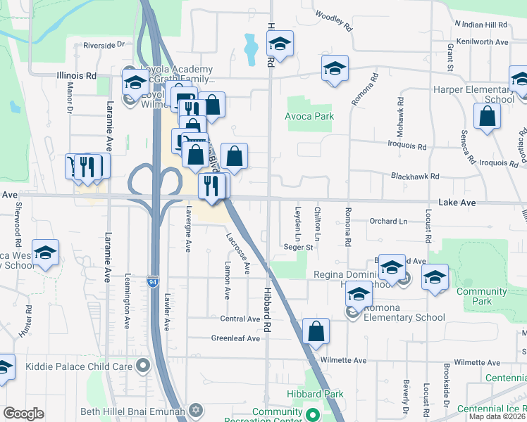map of restaurants, bars, coffee shops, grocery stores, and more near in Wilmette