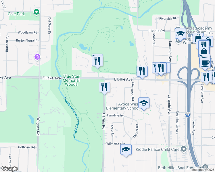 map of restaurants, bars, coffee shops, grocery stores, and more near 445 East Lake Avenue in Glenview
