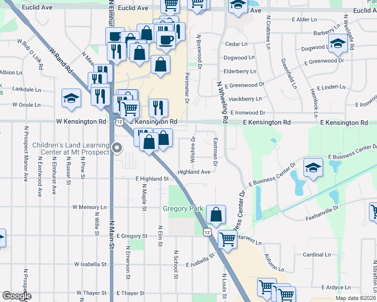 map of restaurants, bars, coffee shops, grocery stores, and more near 411 Garwood Drive in Mount Prospect