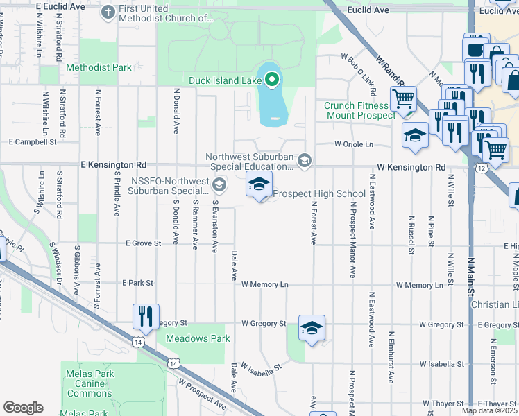 map of restaurants, bars, coffee shops, grocery stores, and more near 801 West Kensington Road in Mount Prospect