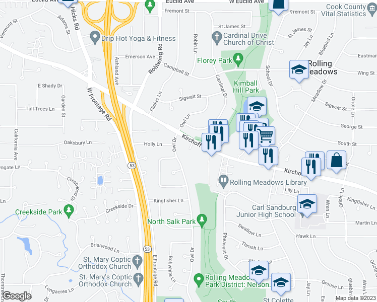 map of restaurants, bars, coffee shops, grocery stores, and more near 3500 Wellington Court in Rolling Meadows