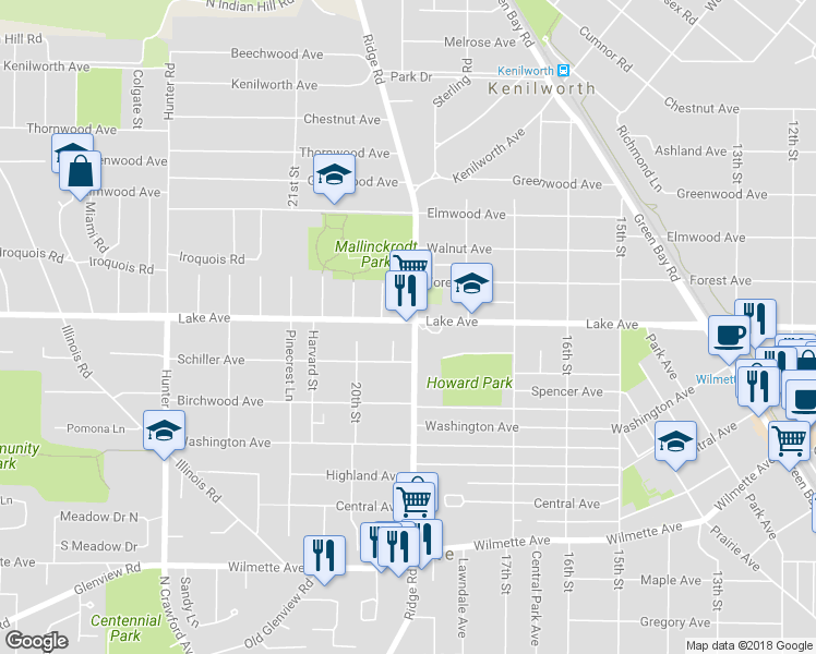 map of restaurants, bars, coffee shops, grocery stores, and more near 827 Ridge Road in Wilmette
