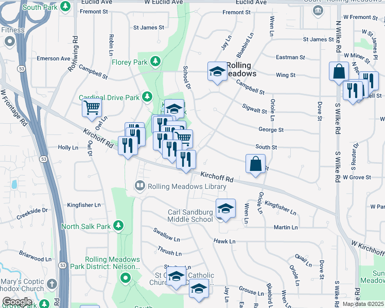 map of restaurants, bars, coffee shops, grocery stores, and more near 3025 Meadow Drive in Rolling Meadows