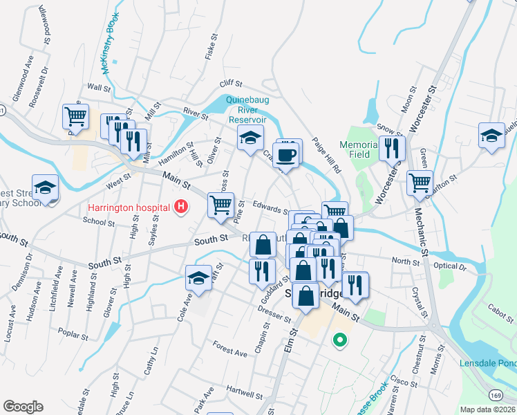 map of restaurants, bars, coffee shops, grocery stores, and more near 52 Marcy Street in Southbridge