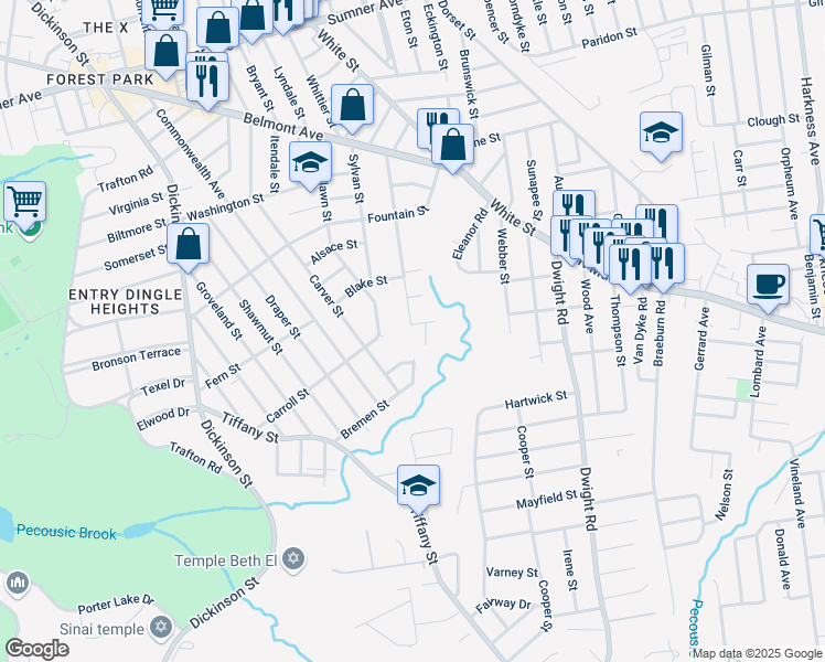 map of restaurants, bars, coffee shops, grocery stores, and more near 186 Belvidere Street in Springfield