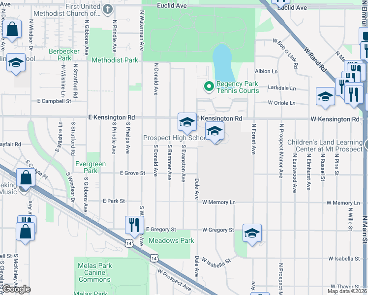 map of restaurants, bars, coffee shops, grocery stores, and more near 250 South Evanston Avenue in Arlington Heights
