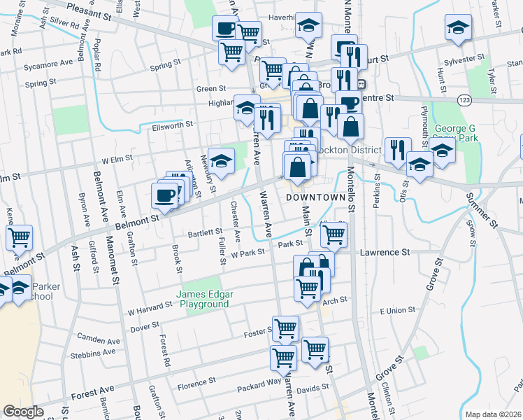 map of restaurants, bars, coffee shops, grocery stores, and more near 72 Belmont Street in Brockton