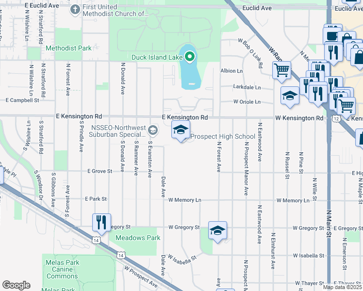 map of restaurants, bars, coffee shops, grocery stores, and more near 801 West Kensington Road in Mount Prospect