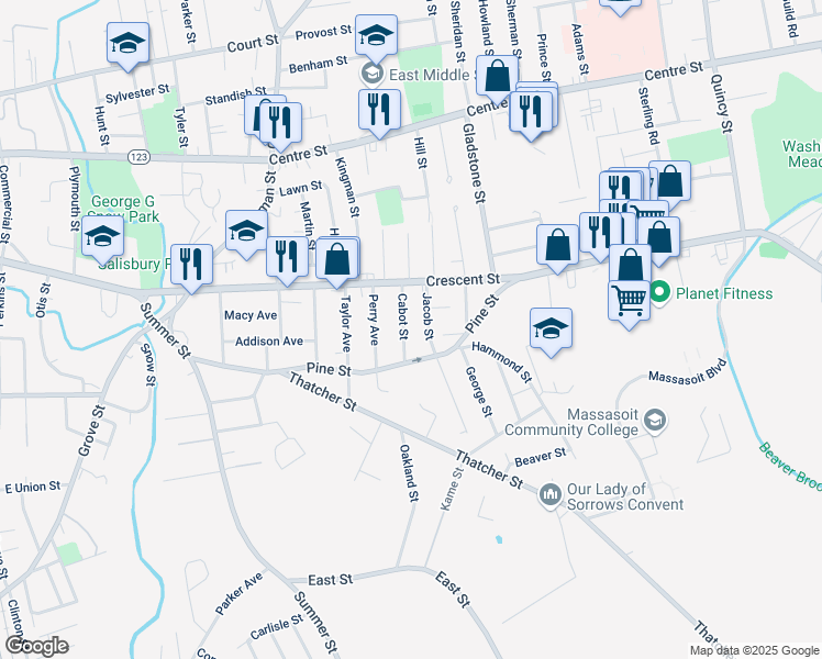 map of restaurants, bars, coffee shops, grocery stores, and more near 22 Cabot Street in Brockton