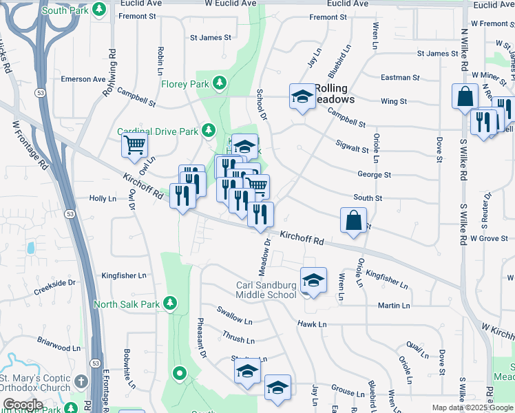 map of restaurants, bars, coffee shops, grocery stores, and more near 3025-3033 Meadow Dr in Rolling Meadows
