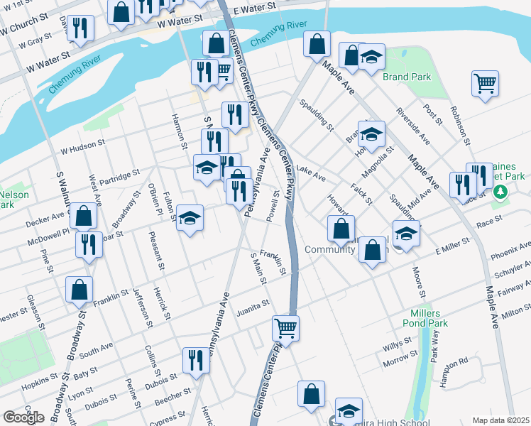 map of restaurants, bars, coffee shops, grocery stores, and more near 416 Powell Street in Elmira