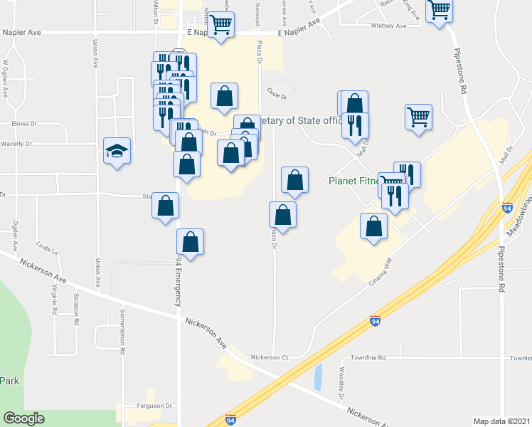 map of restaurants, bars, coffee shops, grocery stores, and more near 2138 Plaza Drive in Benton Harbor