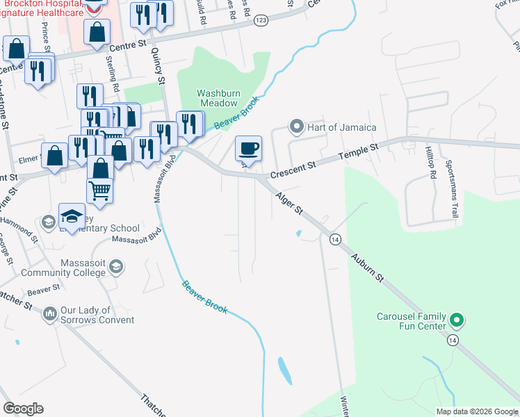 map of restaurants, bars, coffee shops, grocery stores, and more near 29 Lewiston Street in Brockton