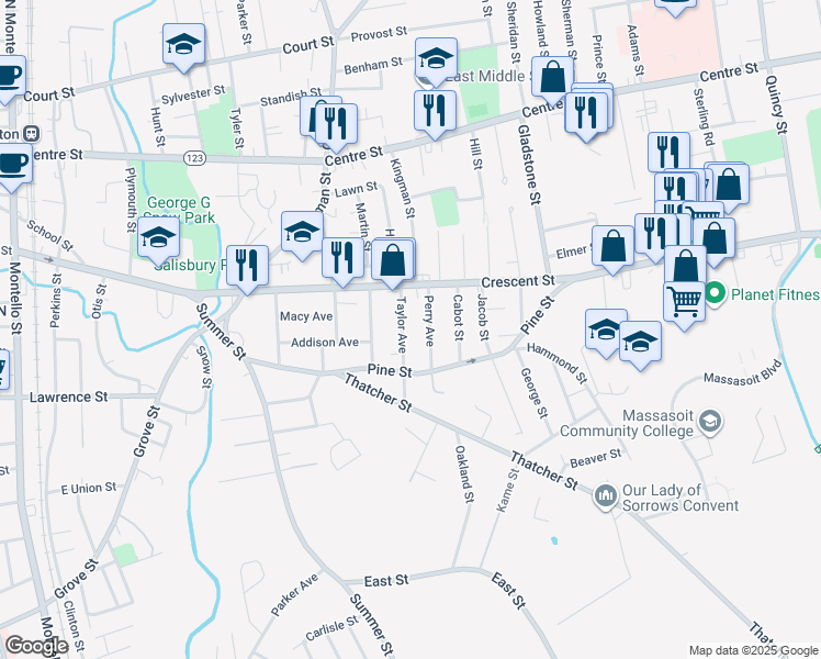 map of restaurants, bars, coffee shops, grocery stores, and more near 21 Perry Avenue in Brockton