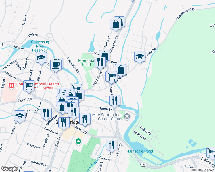 map of restaurants, bars, coffee shops, grocery stores, and more near 27 Thomas Street in Southbridge