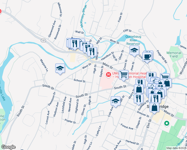 map of restaurants, bars, coffee shops, grocery stores, and more near 42 High Street in Southbridge