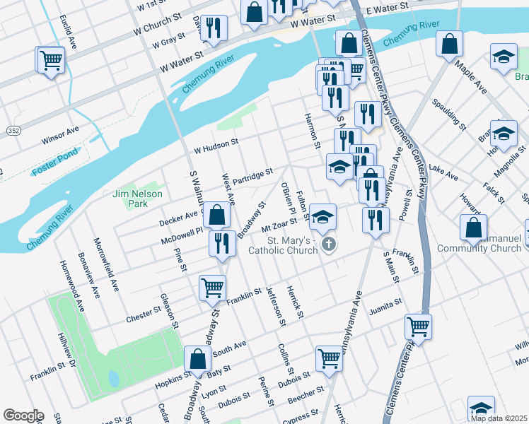 map of restaurants, bars, coffee shops, grocery stores, and more near 326 Broadway Street in Elmira