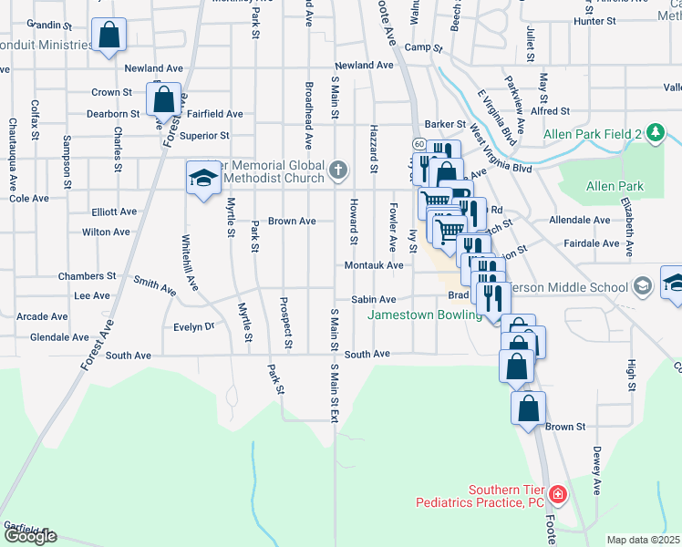 map of restaurants, bars, coffee shops, grocery stores, and more near 463 County Touring Route 47 in Jamestown