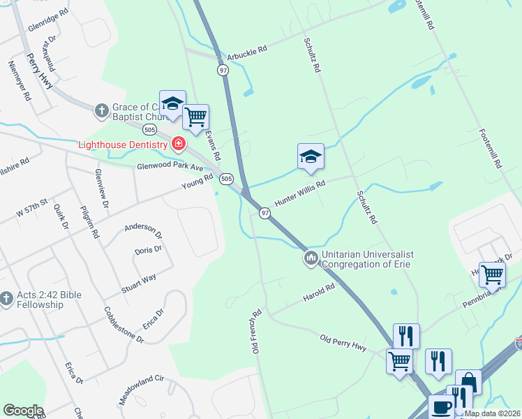 map of restaurants, bars, coffee shops, grocery stores, and more near 51-203 Hunter Willis Road in Erie